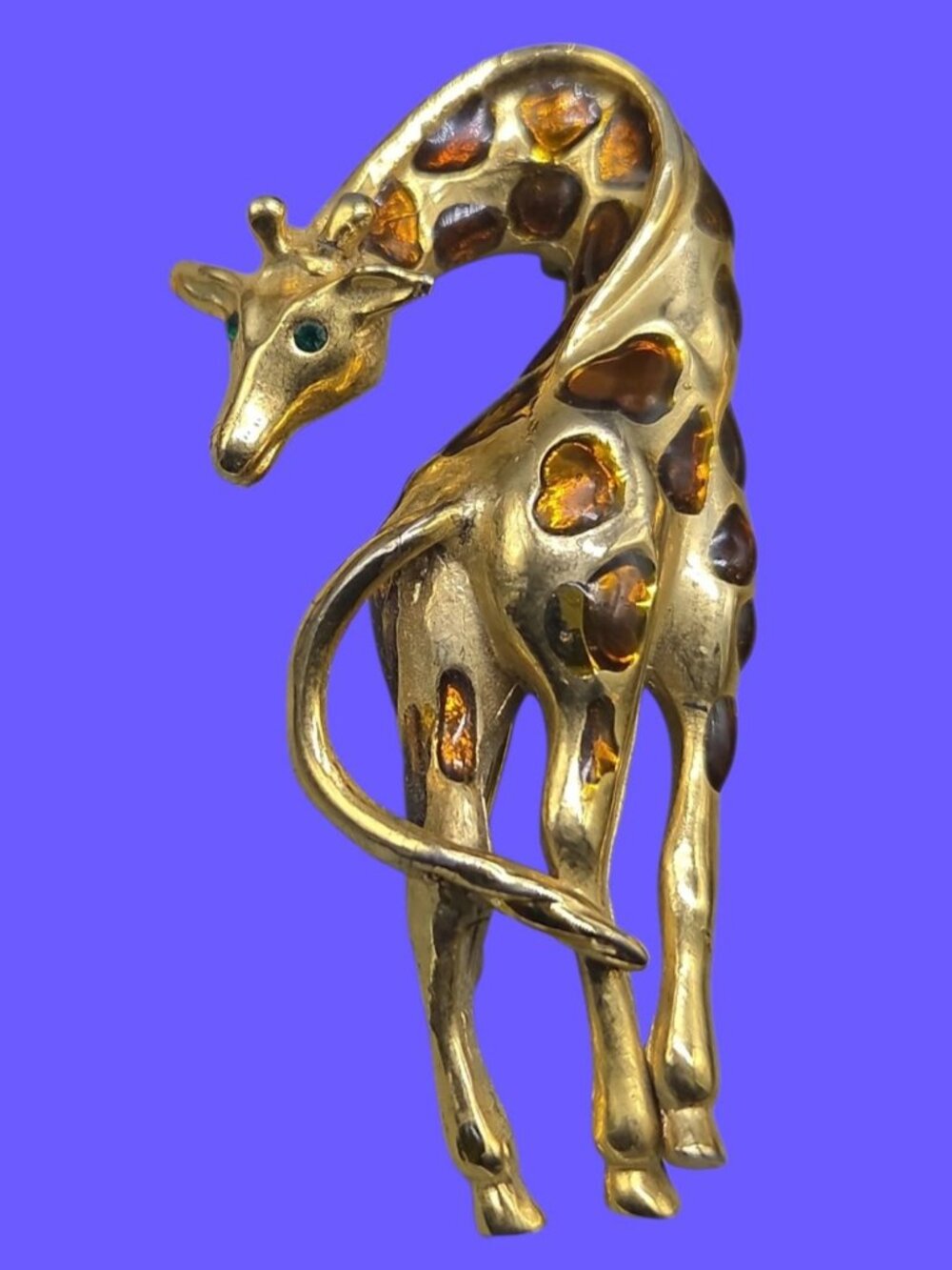 Vintage 1980s Gold Tone Giraffe Brooch Amber Glass Jelly Belly Pin Green Eyes FO